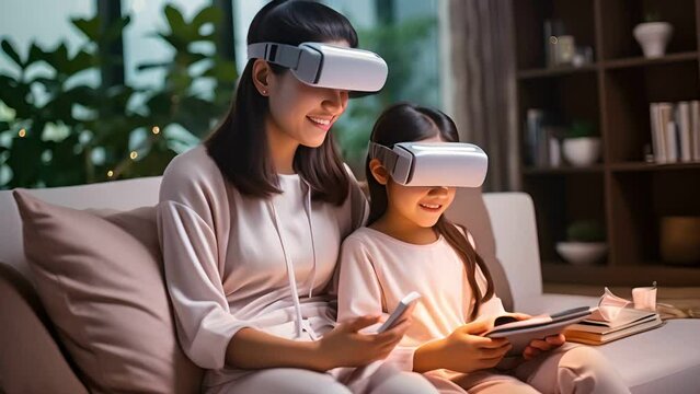 Family enjoy technology smartphone tablet and vr goggle glasses with lifestyle at home