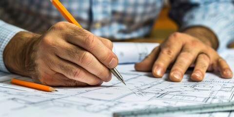 architect drawing a blueprint on a desk