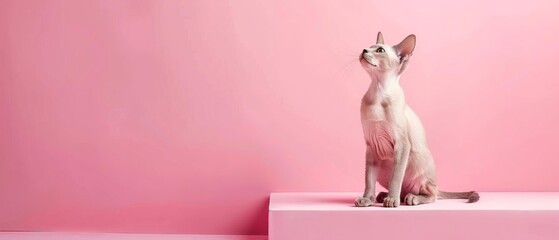 Oriental Shorthair cat exploring a new room,with Pastel Pink background,free space, with copy space for text