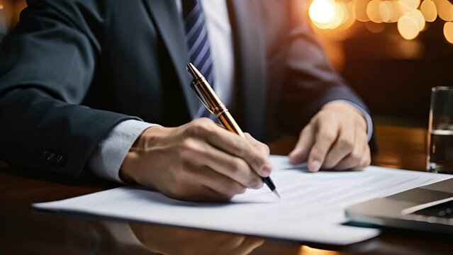 Close up business man signing contract on desk in office , business approve , signing contract , agreement and working document permit
