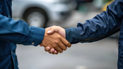 A handshake between an Asian mechanic repairman and a customer, with both individuals conveying trust and satisfaction.
