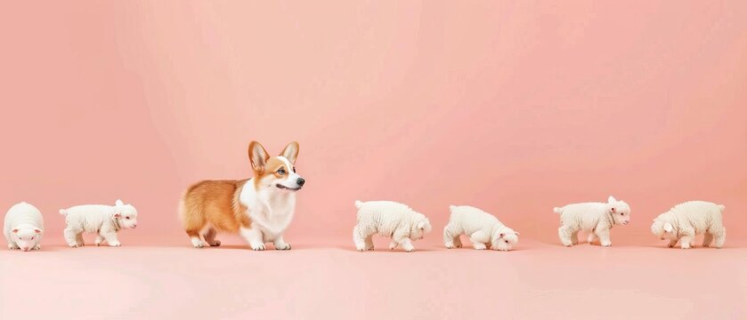 Pembroke Welsh Corgi herding sheep,with Pastel Peach background,free space, with copy space for text