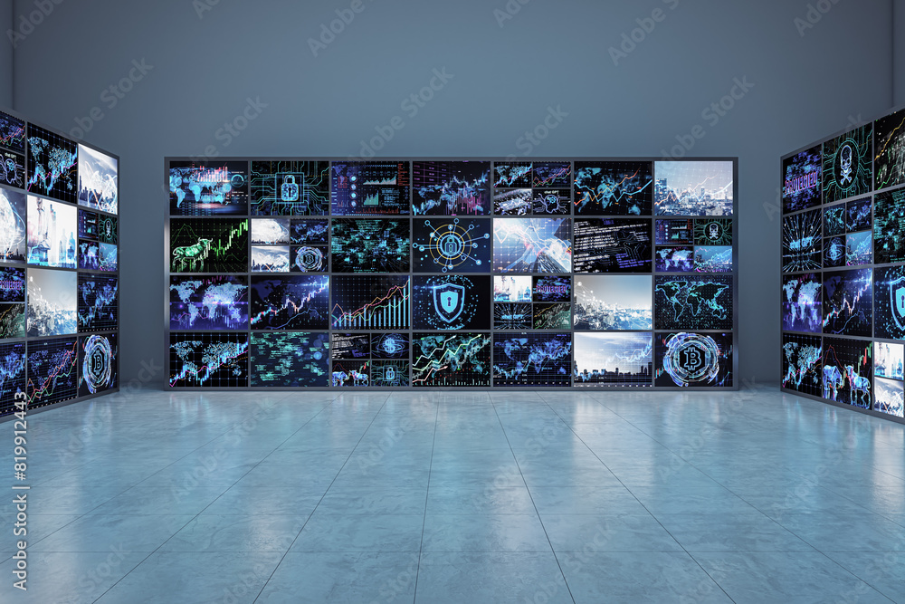 Aufkleber Multiple screens displaying various graphs and data visualizations in a room with a grey background, concept of data analysis. 3D Rendering