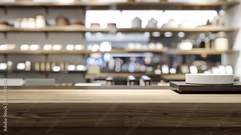 Aufkleber white table presentation desk and blur background empty wood counter shelf surface over blur restaur