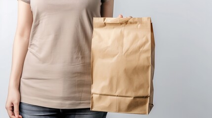 Close up female holds in hand brown clear empty blank craft paper bag for takeaway isolated on white background Packaging template mock up Delivery service concept Copy space Advertisi : Generative AI