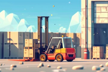 A forklift truck parked in front of a building. Suitable for industrial and construction concepts