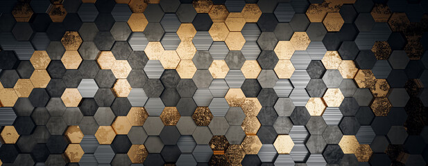 A hexagonal pattern in gold and black tones creating an abstract modern wall design, set against a dark backdrop, concept of luxury. 3D Rendering