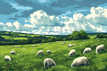 Obraz premium A herd of sheep grazing on a lush green field. Suitable for agricultural concepts