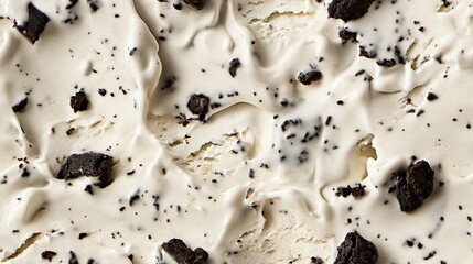 top view of cookies and cream ice cream surface, a closeup of the cookies and cream ice cream texture, showing its smooth, creamy base mixed with chunks of chocolate cookies