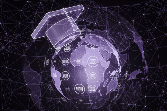Digital illustration of a graduation cap on a wireframe globe with education icons on a purple background, depicting the concept of global education. 3D Rendering