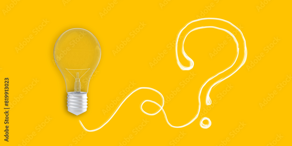 Aufkleber a lightbulb and a drawn question mark on a yellow background, symbolizing idea generation. 3d render