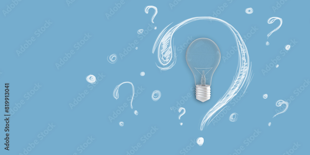 Poster A clear light bulb surrounded by white question marks on a blue background, depicting the concept of ideas and questioning. 3D Rendering