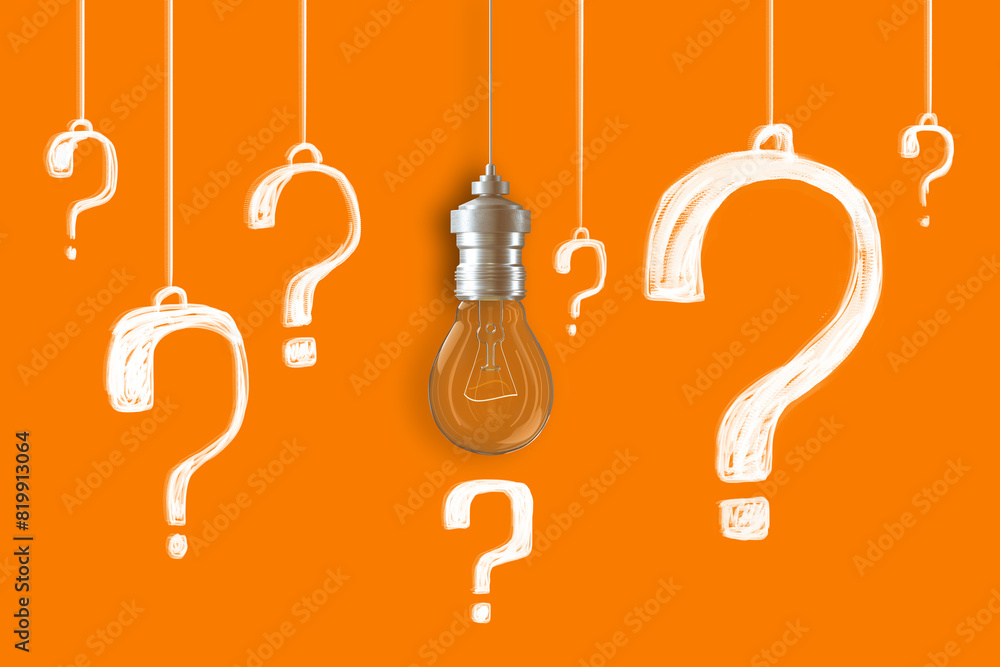 Poster a lightbulb surrounded by question marks on an orange background, symbolizing the concept of ideas a