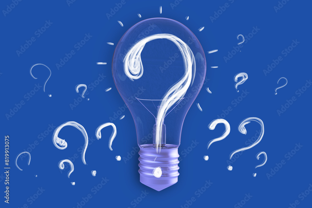 Aufkleber Glowing light bulb with question marks on a blue background, symbolizing the concept of ideas and questions. 3D Rendering