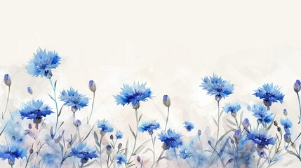 painting watercolor flower background illustration floral nature. Blue cornflowers flower background for greeting cards weddings or birthdays. Copy space. 