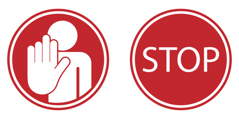 Bundle set round sign do not enter, prohibition with stop palm hand gesture in red isolated label