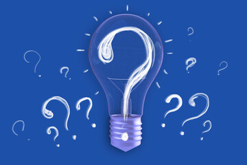 Glowing light bulb with question marks on a blue background, symbolizing the concept of ideas and questions. 3D Rendering