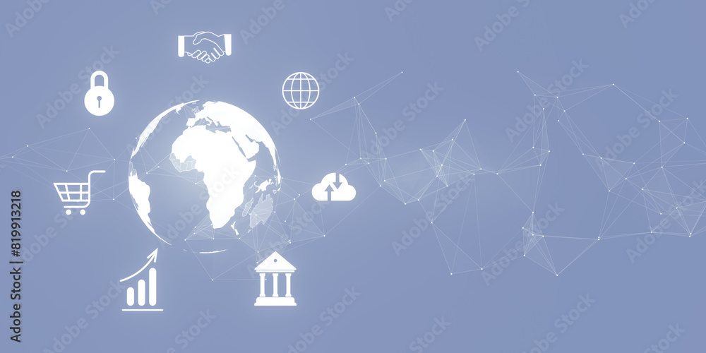 Poster digital icons and a stylized globe on a blue background, symbolizing global connectivity and busines