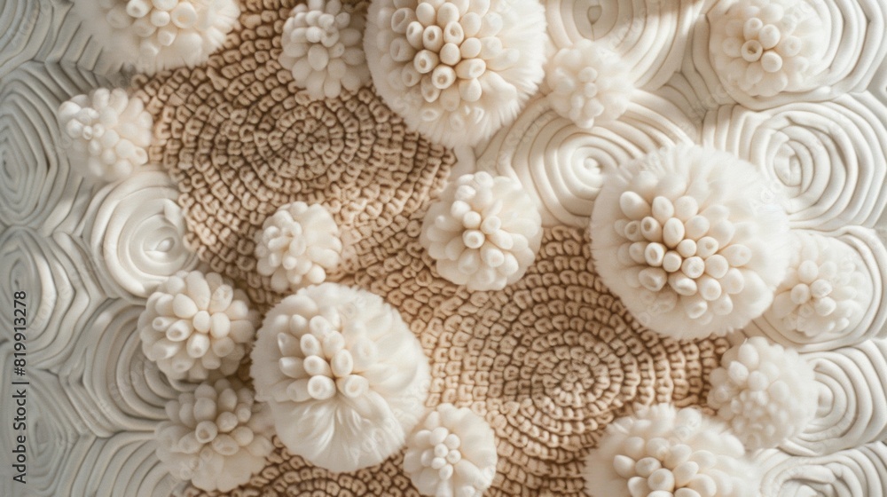 Poster elegant aerial view of symmetrical cream crochet pillows with intricate patterns and natural lightin