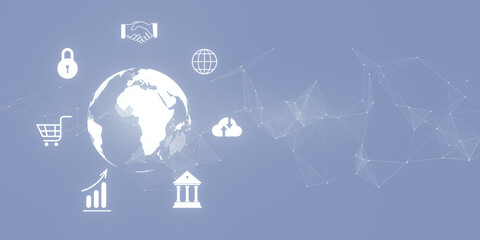 Digital icons and a stylized globe on a blue background, symbolizing global connectivity and business. 3D Rendering