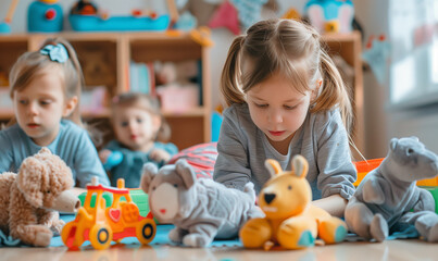 Fototapeta premium Playful Interaction: Kids and Educational Toys in Kindergarten 