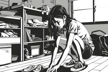 Woman kneeling on floor in front of shoe shelf, ideal for fashion or shopping concepts