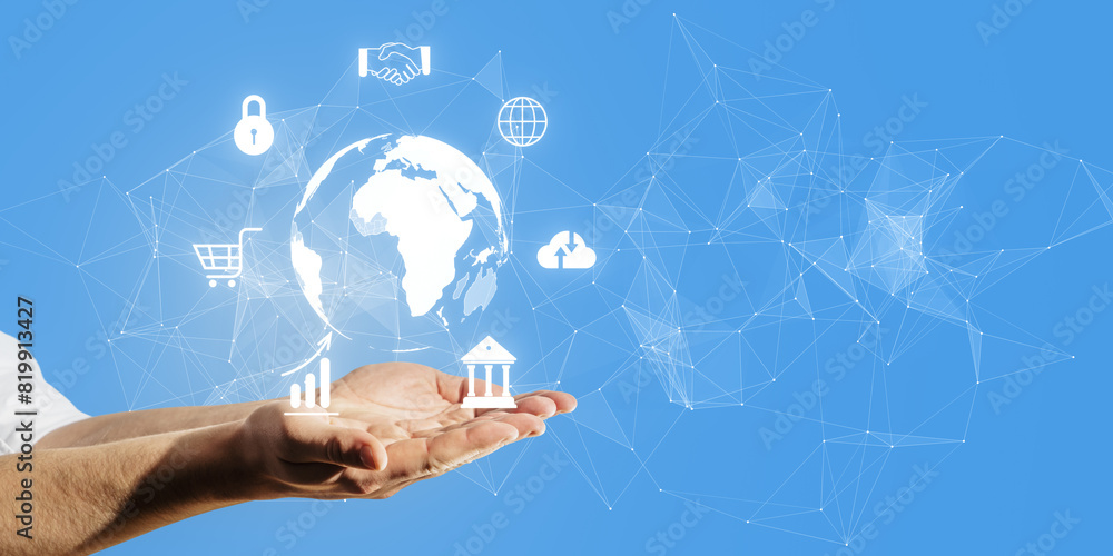 Poster A hand with digital icons and a world map connection network on a blue background, representing global technology concept