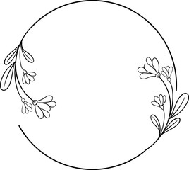Hand drawn floral botanical round border, leaves and flowers, wedding invitations and cards, logo design and poster template
