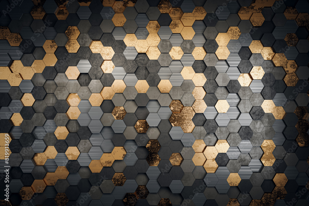 Aufkleber hexagonal tiles in shades of gray and gold, creating a patterned wall, with a luxurious modern conce