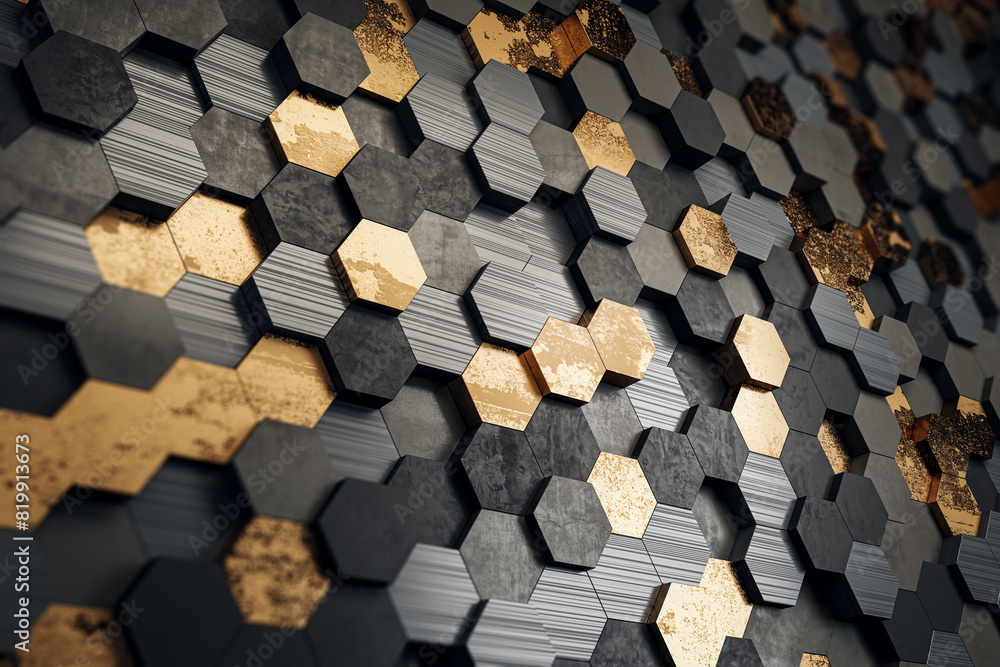 Poster A geometric pattern of gold and dark hexagonal tiles on a textured background, representing a luxurious modern design concept. 3D Rendering