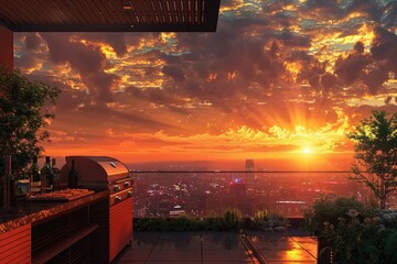 A barbecue on a rooftop with city skyline view, modern and chic, sunset colors, sophisticated and stylish, digital illustration