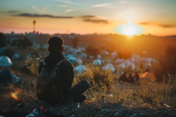 A refugee sits on a hill, watching the sun set in solitude