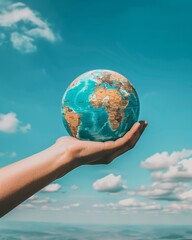 Celebrating World Population Day: Hand Holding a Globe Under a Clear Blue Sky, Symbolizing Global Unity and Awareness