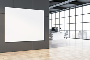A blank poster mockup on a wall in a modern office with large windows and cityscape view, empty space for branding, isolated poster concept. 3D Rendering