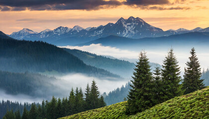 Coniferous woodland on mountain slopes in misty morning
