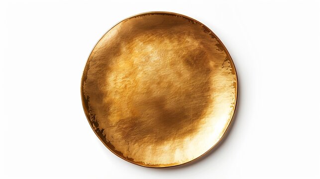 Top view of golden plate isolated on white background with clipping path Empty gold round flat plate flat lay Mock up template for food poster design : Generative AI