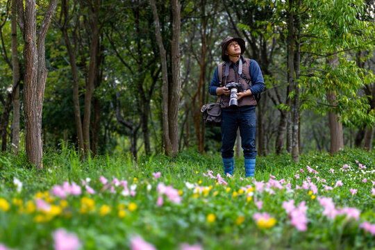 Photographer is taking photo while exploring in the woodland forest with wild flower meadow for surveying and locating rare biological diversity and ecologist on field study usage