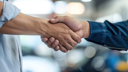 Close-up of an Asian mechanic repairman and a client shaking hands with confidence, showcasing professionalism and reliability in auto repair services. 