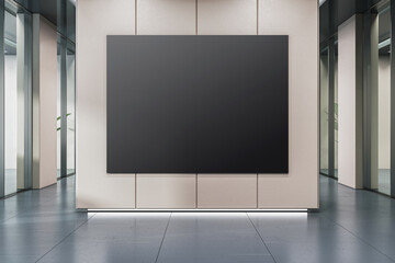 Fototapeta premium A large black poster on a light wall in a modern corridor, symbolizing a mockup for branding or signage display. 3D Rendering