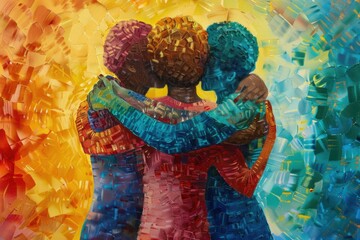 A heartfelt painting capturing a warm embrace. Ideal for illustrating love and relationships