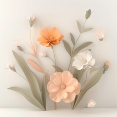 Paper flowers in pastel colors on a beige background