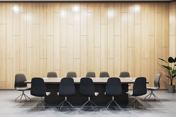 Modern conference room with a long table, chairs, and a blank wood-panel wall suitable for a company logo or branding, light. 3D Rendering