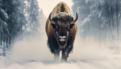 Bison thick fur covered with frost and snow, Bison walks in extreme winter weather, standing above snow with a view of the frost mountains