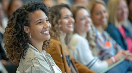 Fototapeta premium Group of attendees exchanging smiles and friendly gestures during a seminar on personal growth.