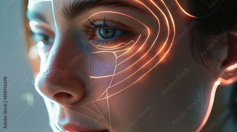Poster graphic contouring lines accentuating potential cosmetic enhancements on a womans face, creating a f