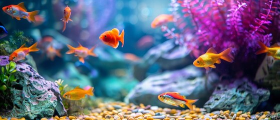 Fototapeta premium Fish swimming in a colorful aquarium,with Pastel Purple background,free space, with copy space for text