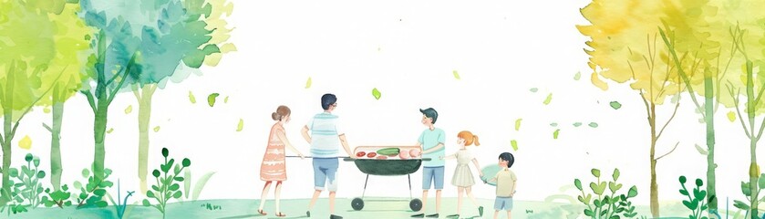 A family is walking through a park with a picnic basket, having a barbecue, bbq, illustrations, summer activities.