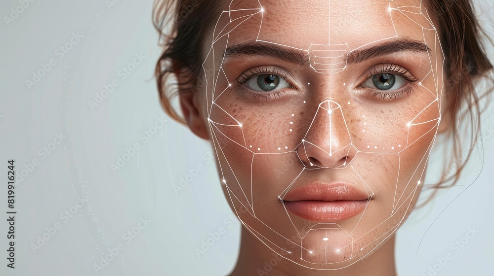 Poster a close-up of a womans face with intricate lines and dots highlighting potential cosmetic enhancemen
