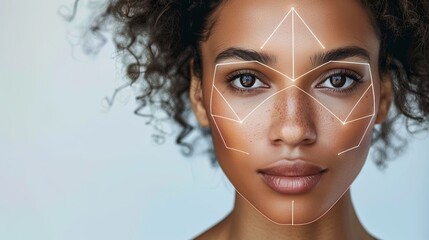Close-up of a womans face with graphic contouring lines outlining cosmetic enhancement areas for makeup application. Generative AI