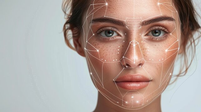A close-up of a womans face with intricate lines and dots highlighting potential cosmetic enhancement areas, creating a visual representation of contouring techniques. Generative AI